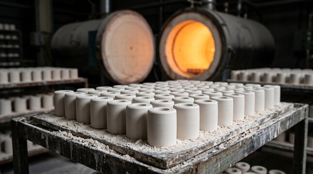 Unfired cylindrical ceramic pieces arranged on a dusty tray waiting to enter a bright glowing industrial kiln.