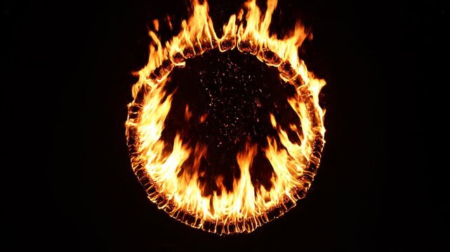 Fiery Ring of Flames Burning Vividly Against Black Background with Cinematic Motion