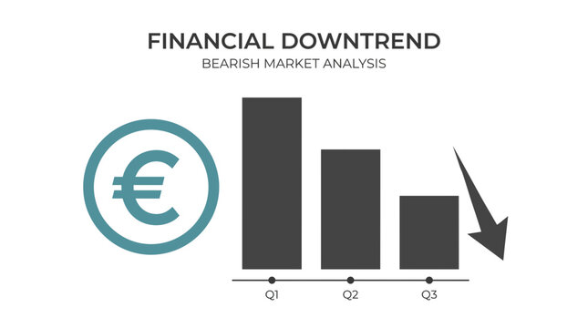 Financial bearish market analysis showing declining euro currency bar charts in a clean flat vector design