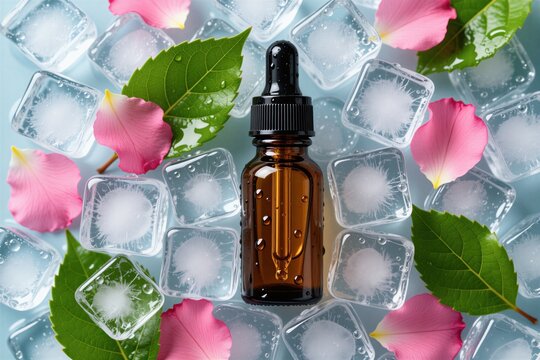 Amber glass dropper bottle with serum or essential oil rests on a blue surface. Surrounded by ice cubes rose petals and green leaves. Skincare cosmetic product for face.