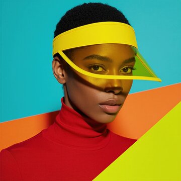 Young black woman wears yellow plastic sun visor, red turtleneck sweater. Fashion model poses against bright geometric background with blue orange, lime green shapes. Trendy editorial portrait shows