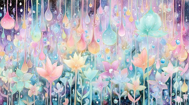 Pastel dripping liquid floral fantasy background with bright colors