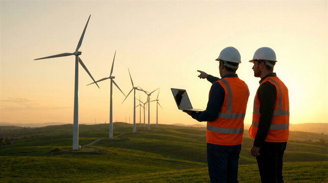 Wind Farm Engineers Using Laptop During Field Inspection