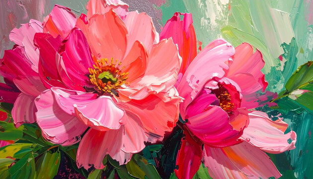 Bold abstract floral painting with large pink flowers, thick impasto acrylic and oil paint, dramatic visible brush strokes, rich layered texture, vibrant coral and magenta tones, soft green background