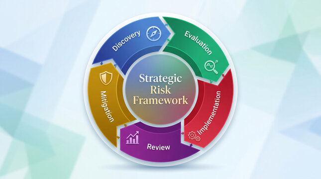 Diagram of a strategic risk framework with process steps: discovery, evaluation, implementation, review, and mitigation, symbolizing business strategy.