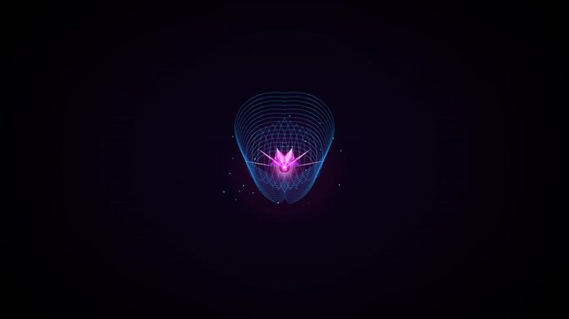 Glowing Lotus Mind: A digital abstract animation featuring a stylized human head constructed of luminous blue energy waves, with a vibrant pink lotus flower glowing inside the brain area against a dar