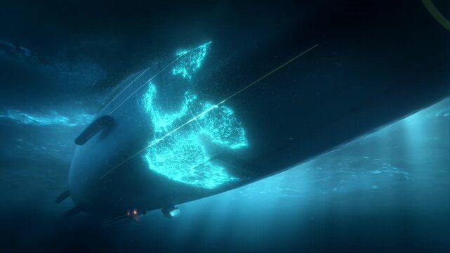 Submarine Moving Through Deep Ocean Water with Glowing Blue Particles Trailing Behind It and Glowing Particles