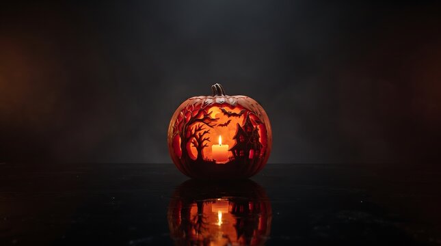 Halloween pumpkin glowing on dark reflective surface,Halloween carved jack-o-lantern lit from within on black floor,Dark spooky Halloween pumpkin w...