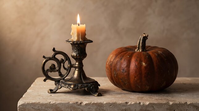 Halloween candle and pumpkin centerpiece on rustic tabletop surface.