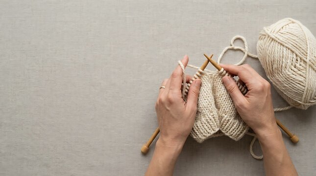 Hands knitting with cream wool on a neutral background
