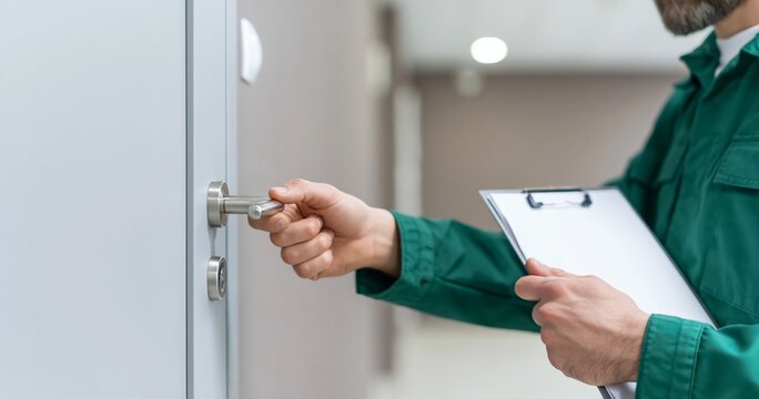 Person unlocking door with clipboard