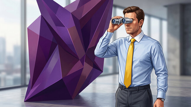 A man in business attire looks through binoculars at a geometric purple crystal, symbolizing foresight and strategy in the business world