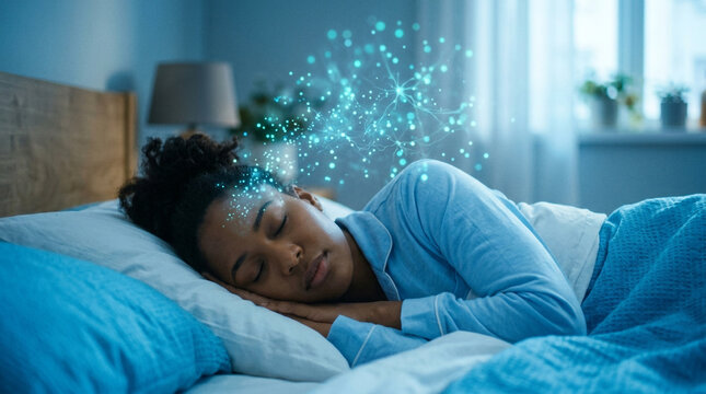 Young black woman sleeping peacefully in bed with a glowing digital brain network visualization representing dreams and subconscious thoughts.
