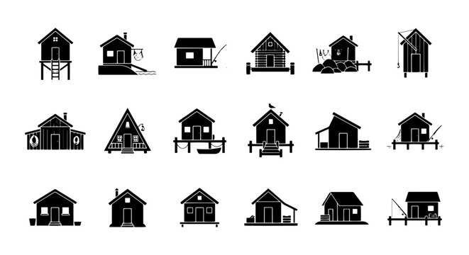 Stilt House Collection, Lakeside Cabins, Waterfront Homes, Rustic Structures, Vector Icons