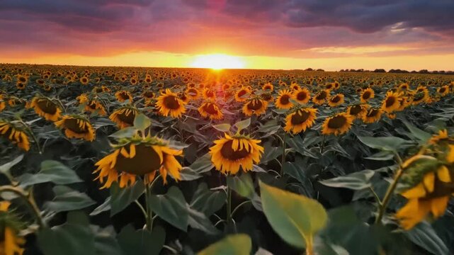 Breathtaking sunset illuminating field of sunflowers, sky ablaze with vibrant colors, nature landscape