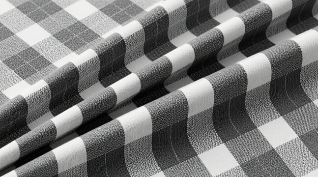 Grey, white plaid fabric texture with soft folds. Close up view of woven textile material showing checkered pattern. Cotton clothing surface for fashion background design. Traditional flannel weave