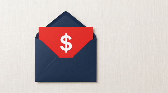Dark blue envelope revealing a red card with a white dollar sign, symbolizing financial matters and communication, ideal for business concepts