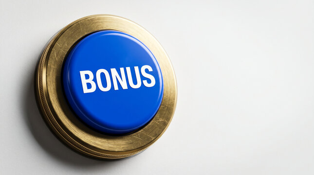 A prominent blue button labeled "BONUS" within a textured gold rim, symbolizing rewards, achievement, and opportunity, a concept for business.