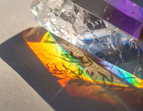 Prism-like crystal refracting light, creating rainbow shadows on a textured surface