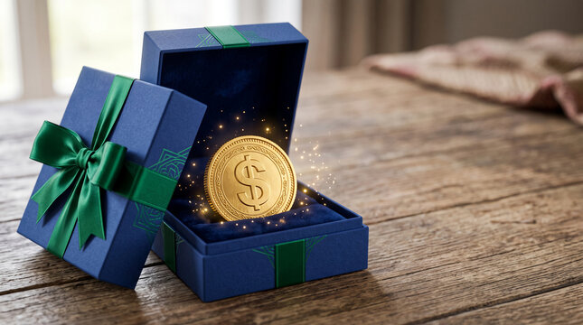 Open blue gift box showcasing a golden coin with a dollar sign, symbolizing wealth and reward, on a wooden surface