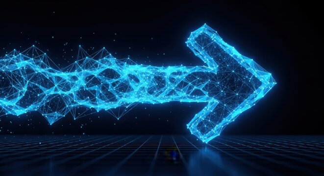 Glowing blue digital arrow made of network lines and dots illustration futuristic