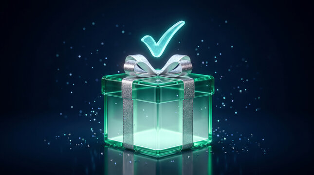 Glass gift box with silver ribbon and glowing checkmark, symbolizing success, approval, or a perfect choice against a dark, speckled background