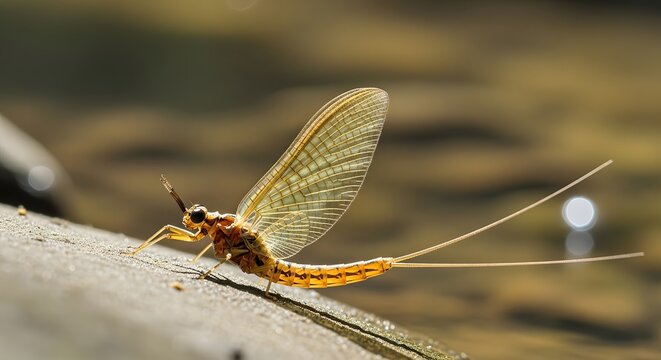 Mayfly insect with delicate translucent wings resting on a textured surface near water during golden hour