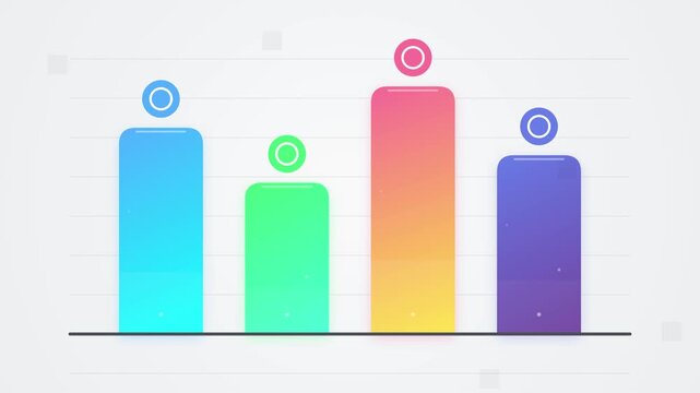 Animated bar chart graph with colorful bars and small circles on top, representing data visualization and business growth, on a white background with subtle light streaks