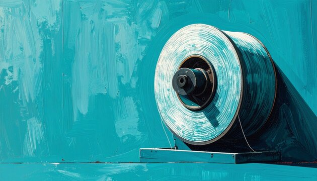 Old rusted metal industrial spool on turquoise background.