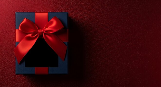 A dark blue gift box with a shiny red ribbon bow sits on a deep red background for your black friday sale