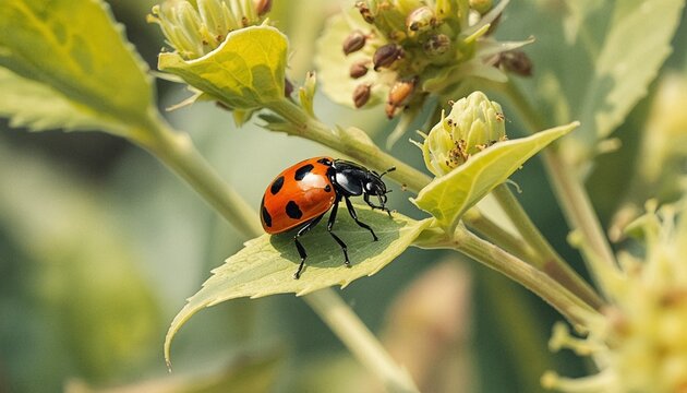 Elegant watercolor close-up. An Asian lady beetle, Harmonia axyridis, moving across a green plant where the usual clusters of aphids have become scarce