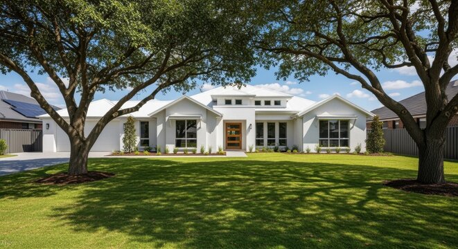 New suburban construction showcasing wide open lawn and shaded treelined frontage.