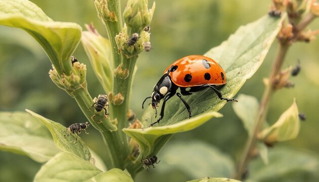 Elegant watercolor close-up. An Asian lady beetle, Harmonia axyridis, moving across a green plant where the usual clusters of aphids have become scarce