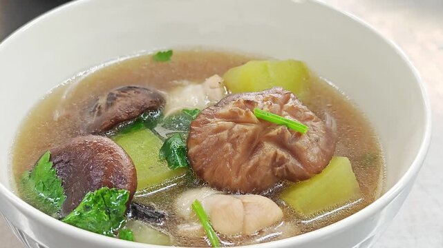 Thai winter melon soup with chicken and shiitake mushrooms.