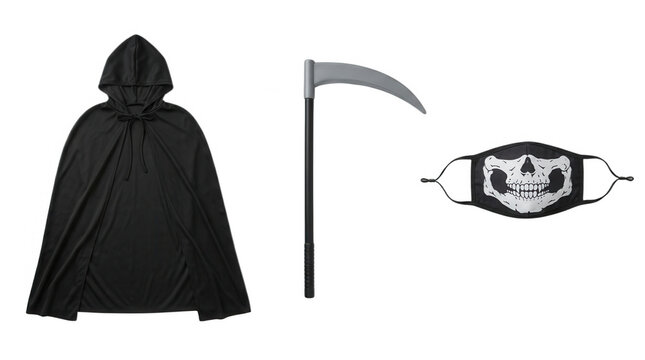 Spooky halloween costume accessories grim reaper cloak scythe and skull face mask for festive celebrations