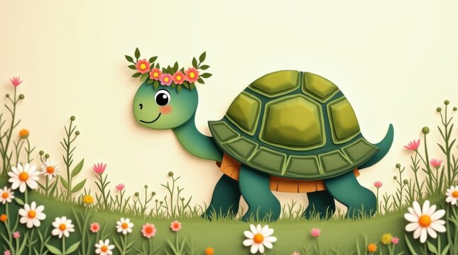 Linda tortuga de dibujos animados con una diminuta corona de flores