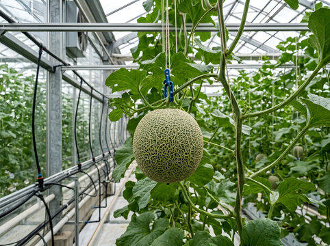 Fresh green melon growing inside a greenhouse farm