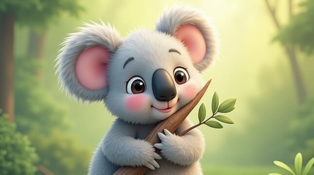 Encantador koala de dibujos animados abrazando una rama de eucalipto, con pelaje gris y esponjoso y grandes ojos redondos