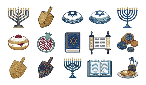 Hanukkah celebration vector set featuring traditional menorah candelabra dreidel spinning tops torah scroll and jewish holiday elements isolated on white background