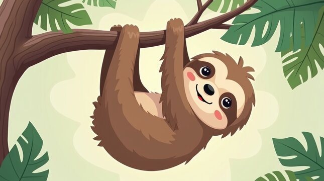 Un encantador perezoso de dibujos animados colgado c&oacute;modamente de la rama de un &aacute;rbol, sonriendo pl&aacute;cidamente