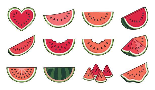 Watermelon slice vector set featuring fresh red summer fruit wedges heart shapes and bitten chunks isolated on white background for graphic design layouts.