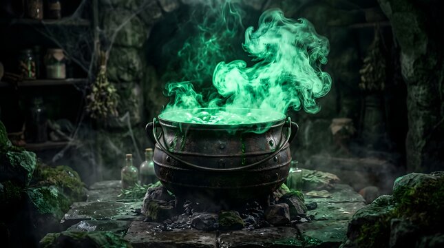 A mysterious black iron cauldron bubbling with glowing green magical potion in a dark spooky witch kitchen