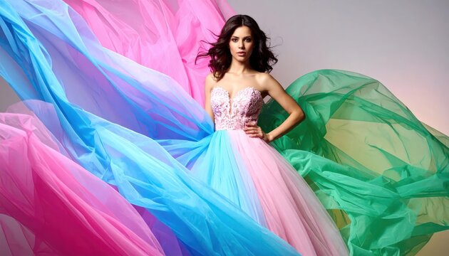 Woman in colorful gown with flowing fabric. Posed, glamorous fashion model against a neutral backdrop