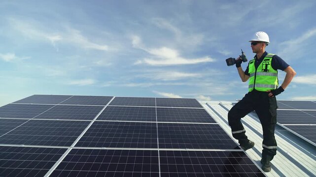 Technician installing rooftop solar panels for green energy, supporting renewable energy, clean power, sustainable technology and solar infrastructure.