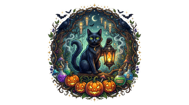 Black cat holding a glowing lantern in a halloween forest with pumpkins and potions frame.