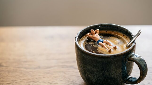 Relaxing miniature man floating in a cup of fresh espresso