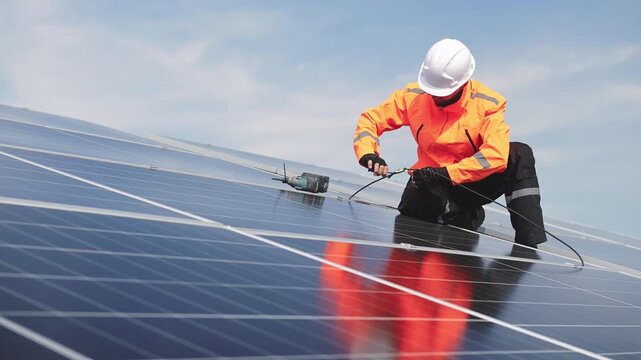 Technician installing rooftop solar panels for green energy, supporting renewable energy, clean power, sustainable technology and solar infrastructure.