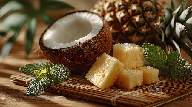 Fresh coconut halves pineapple cubes mint leaves tropical wallpapers