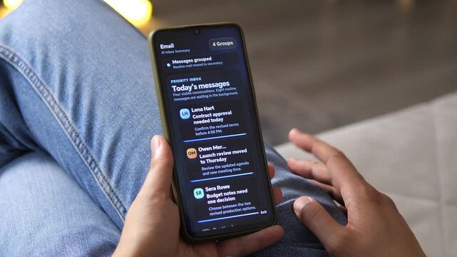 AI inbox on a smartphone sorts 12 new emails, groups routine threads and flags urgent messages, capturing the shift toward smarter, faster and more organized digital work.