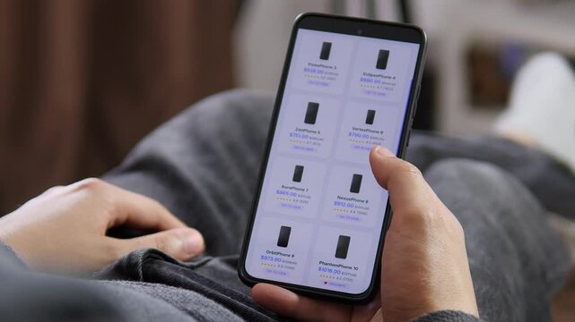 Shopper browses smartphone deals on a mobile electronics marketplace, comparing prices and ratings as digital retail, online buying and consumer choice reshape modern commerce.